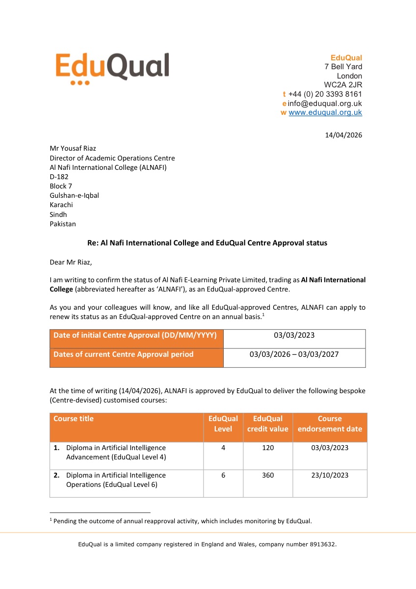 EduQual Centre Approval Status Letter for Al Nafi International College